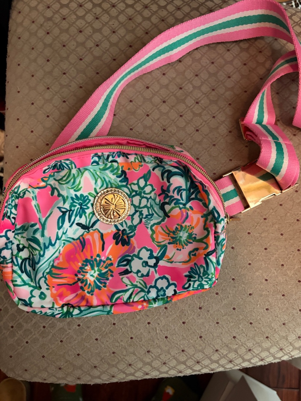 Lilly Pulitzer Pink Floral Crossbody Belt Bag with Striped Strap